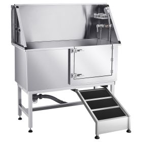 Stainless Steel Dog Washing Station, 50 inch Pet Grooming Tub w/ Ramp, PE Water Filter Board