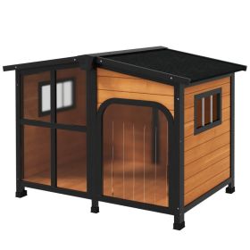 Cabin-Style Wooden Dog House for Large Dogs with Openable Roof & Giant Window, Yellow (Option: Yellow-910x720x250 mm)