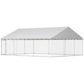 Heavy Duty Outdoor Dog Kennel with Waterproof Roof, 2 Secure Latches, Chain Link Dog Run for Backyard, 20' x 15' x 8' (Option: Silver-1540x260x240 mm)